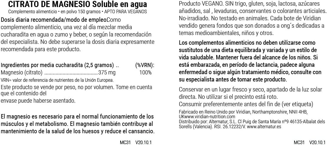 Viridian Citrato de Magnesio En Polvo 150 g-2