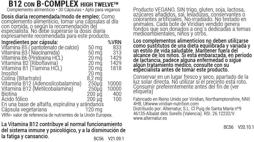 Viridian High Twelve Vitamin B12 Con B-Complex 30 Vcaps-2