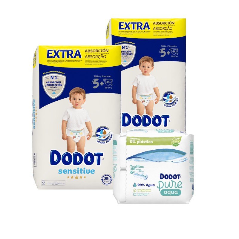 Dodot Sensitive Extra Jumbo Pack Talla 5+ 2x44uds + Toallitas Aquapure 288 uds-1