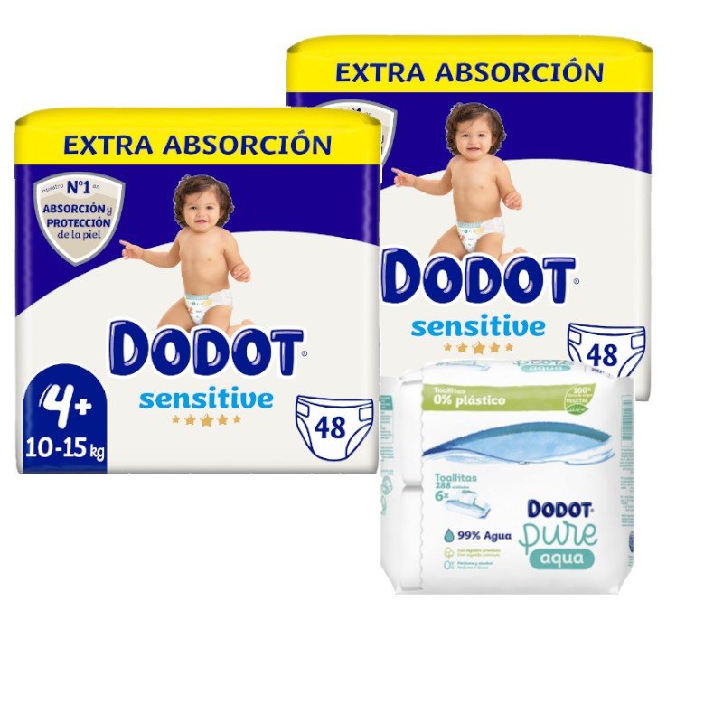 Dodot Sensitive Extra Jumbo Pack Talla 4+ 2x48uds + Toallitas Aquapure 288 uds-1