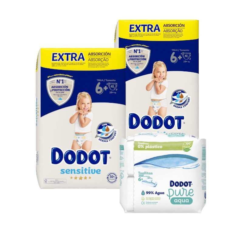 Dodot Sensitive Extra Jumbo Pack Talla 6+ 2x41uds + Toallitas Aquapure 288 uds-1