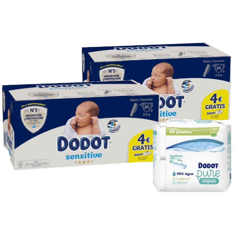 DODOT Pañales Recién Nacido Sensitive Talla 1 2x 80uds + Toallitas Aquapure 288 uds-1