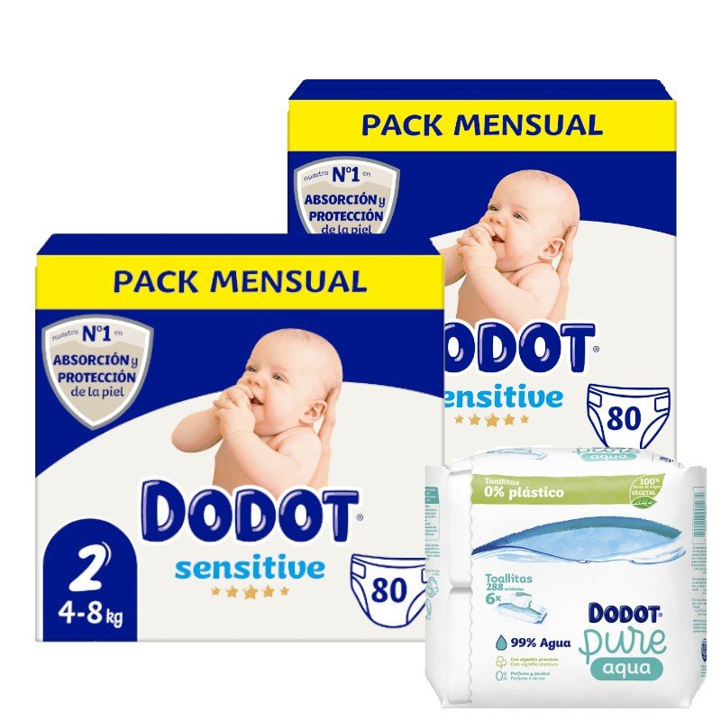 Dodot Pañales Recién Nacido Sensitive Talla 2 2x80uds + Toallitas Aquapure 288 uds-1