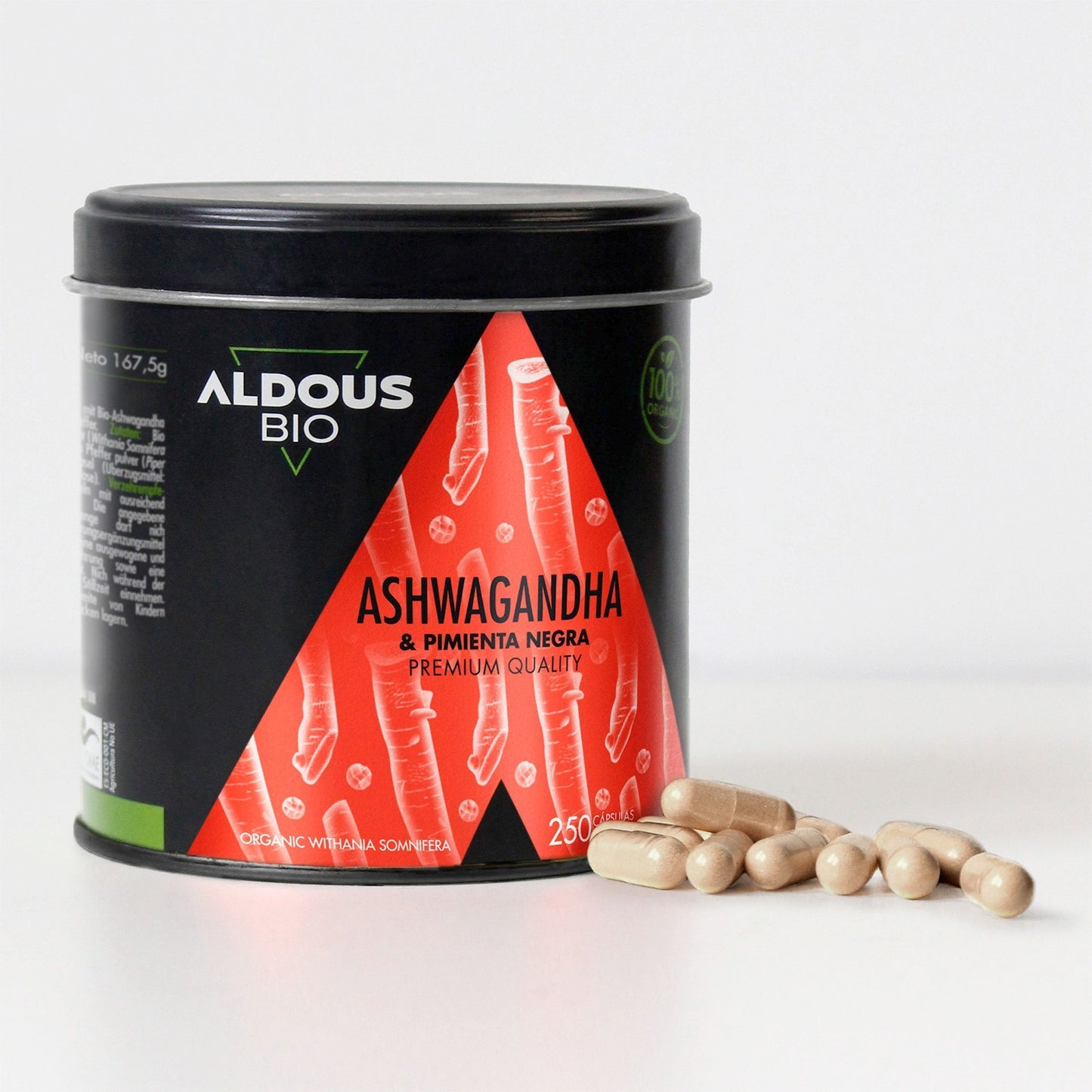 Aldous Ashwagandha Orgánica 2160 mg con Pimienta Negra 250 Cápsulas-2