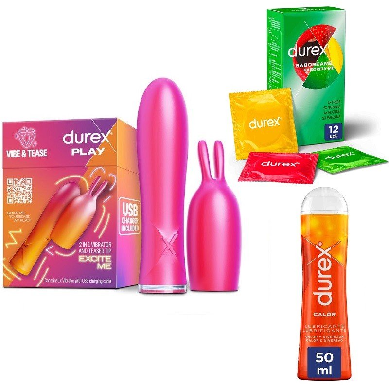 DUREX Pack Conejito Vibrador 2 en 1 + Lubricante Efecto Calor 50ml + Preservativos Saboreame 12 unidades-2