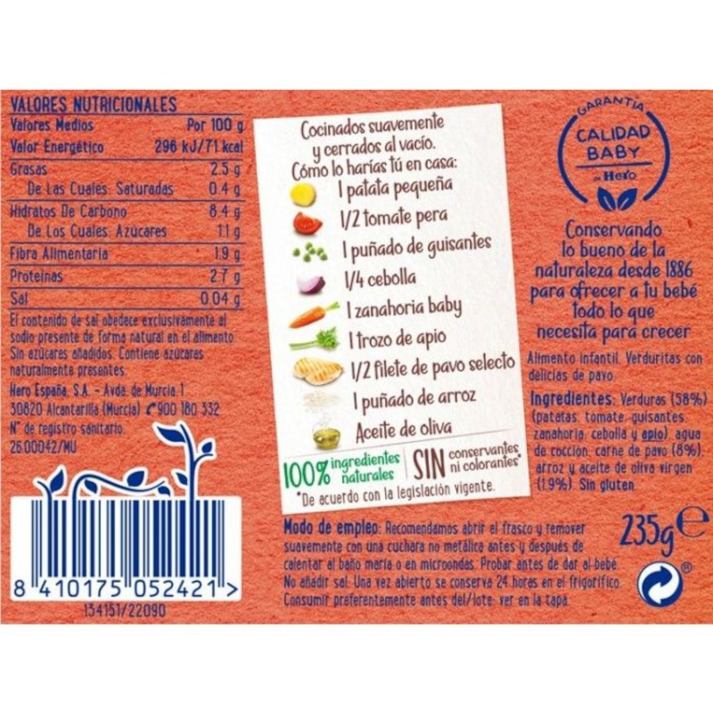 Hero Baby Tarrito Verduritas con Delicias de Pavo +6m 235g-6