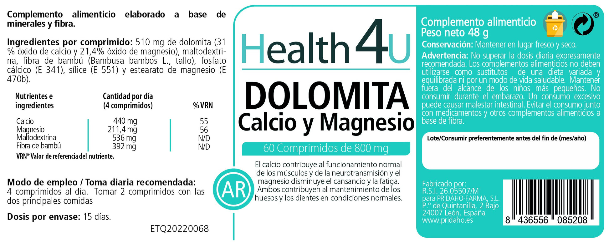 H4U Dolomita calcio y magnesio 60 comprimidos-2