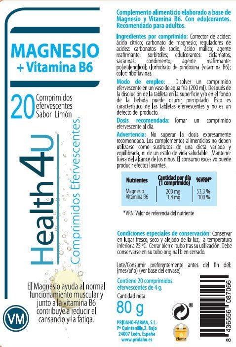 H4U Magnesio + Vitamina B6 20 comprimidos efervescentes sabor limón-4
