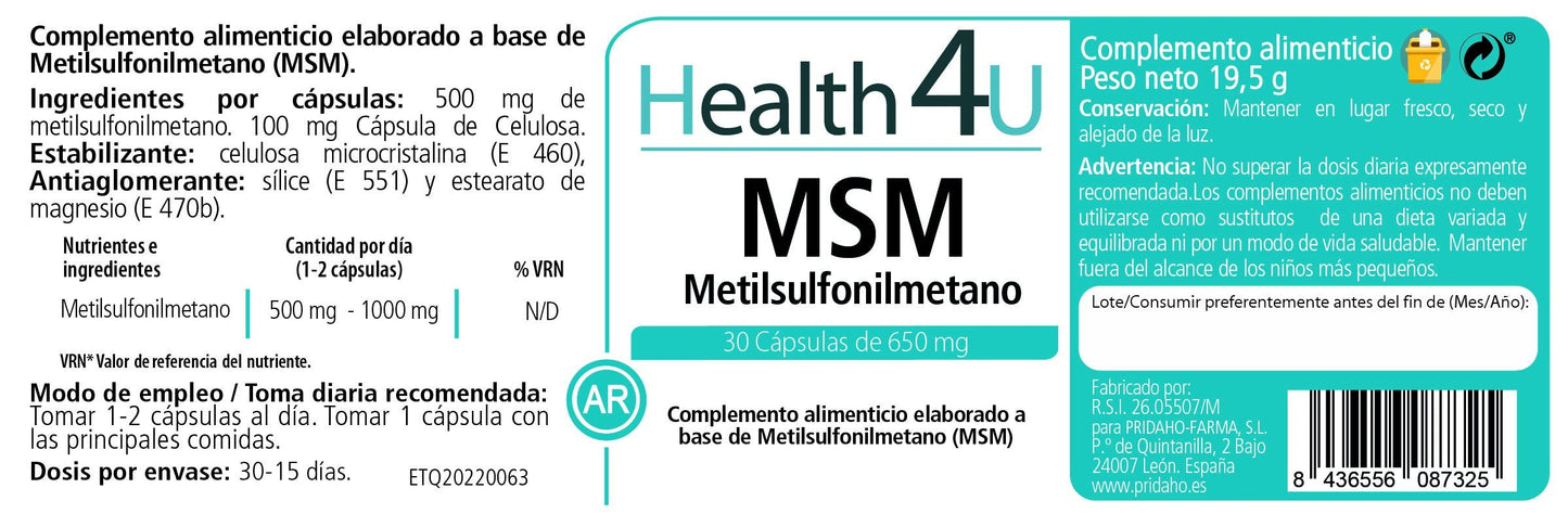 H4U MSM Metilsulfonilmetano 30 cápsulas-2