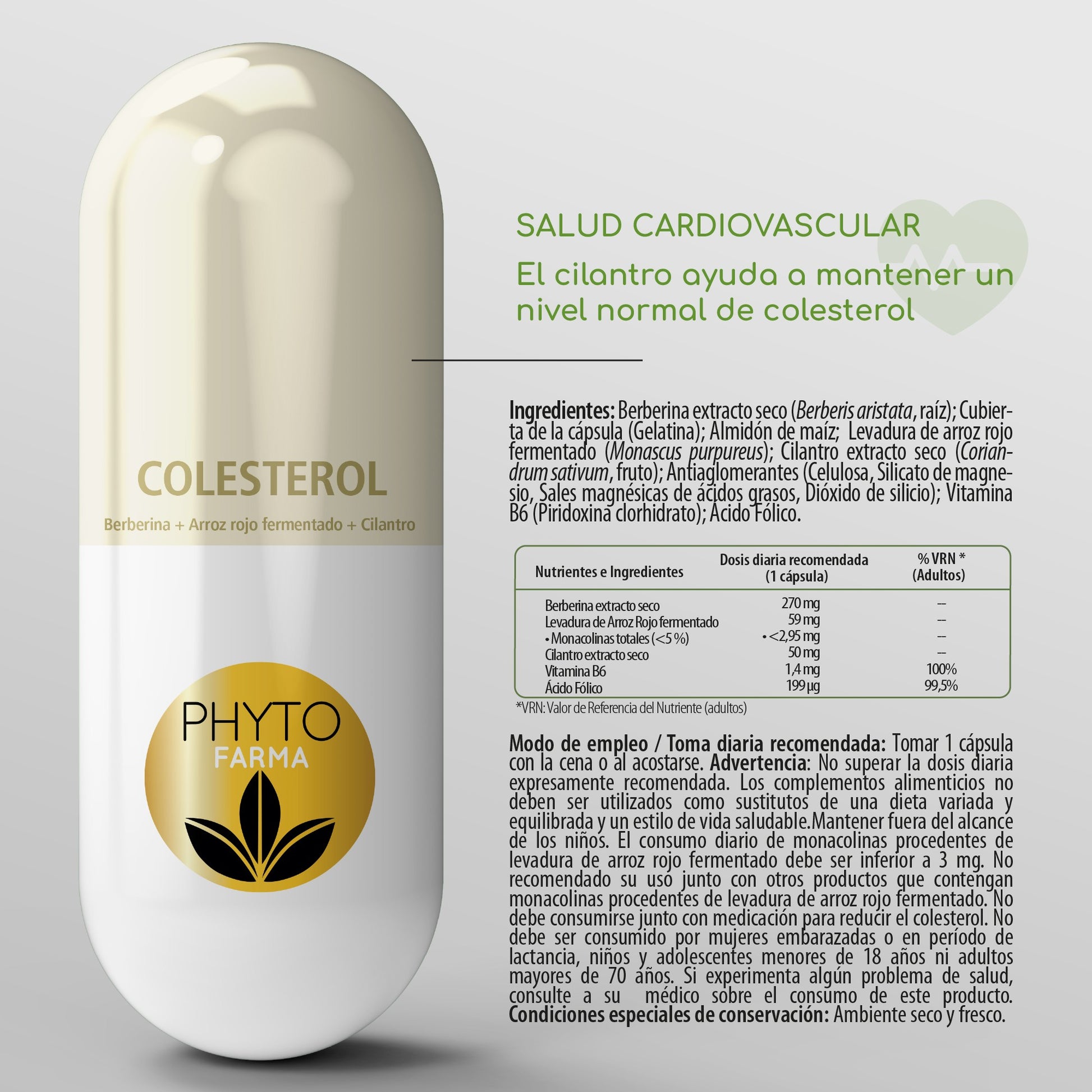 PHYTOFARMA Colesterol Berberina+Arroz rojo fermentado+ Cilantro 30 cápsulas-3