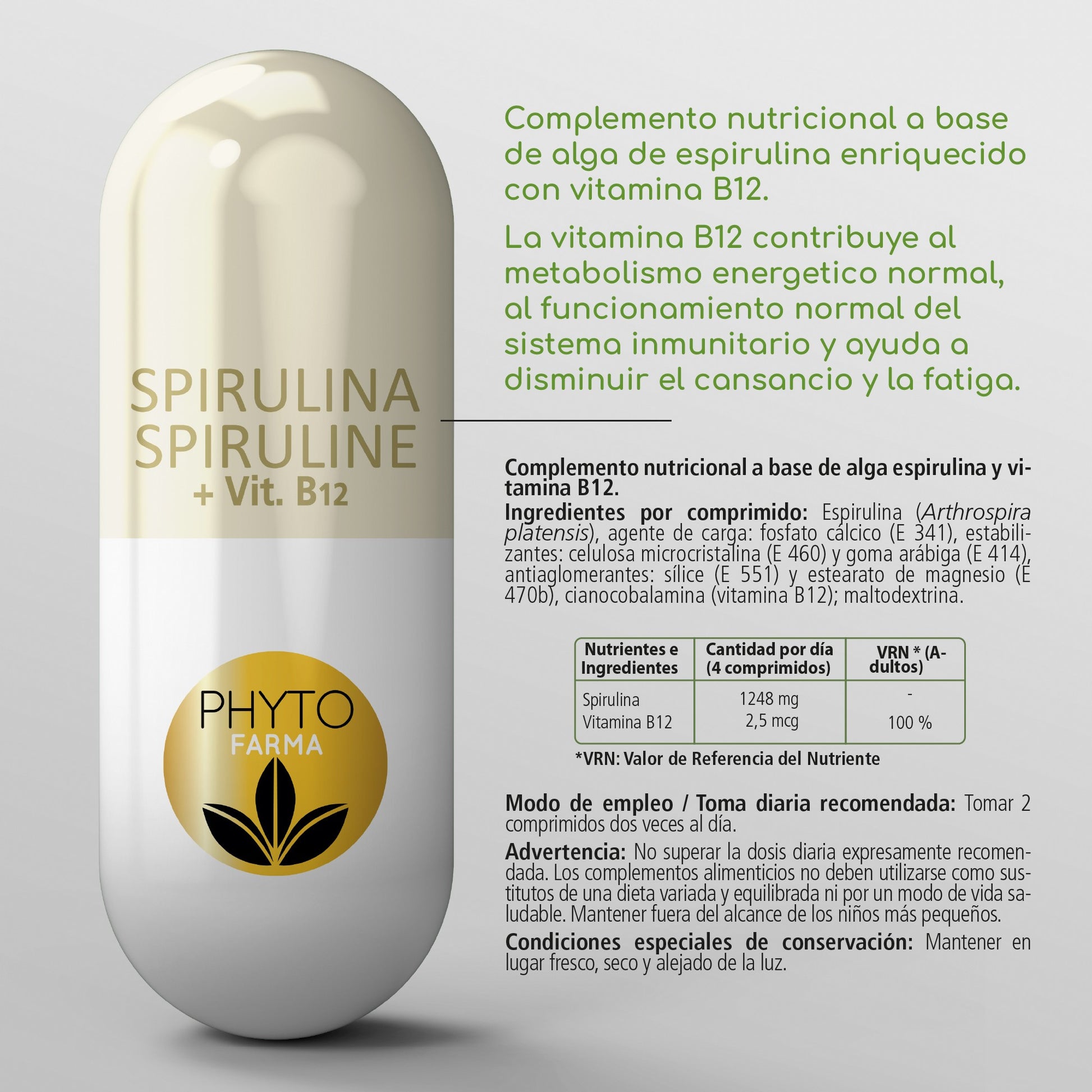PHYTOFARMA Spirulina + vitamina B12 300 comprimidos-2