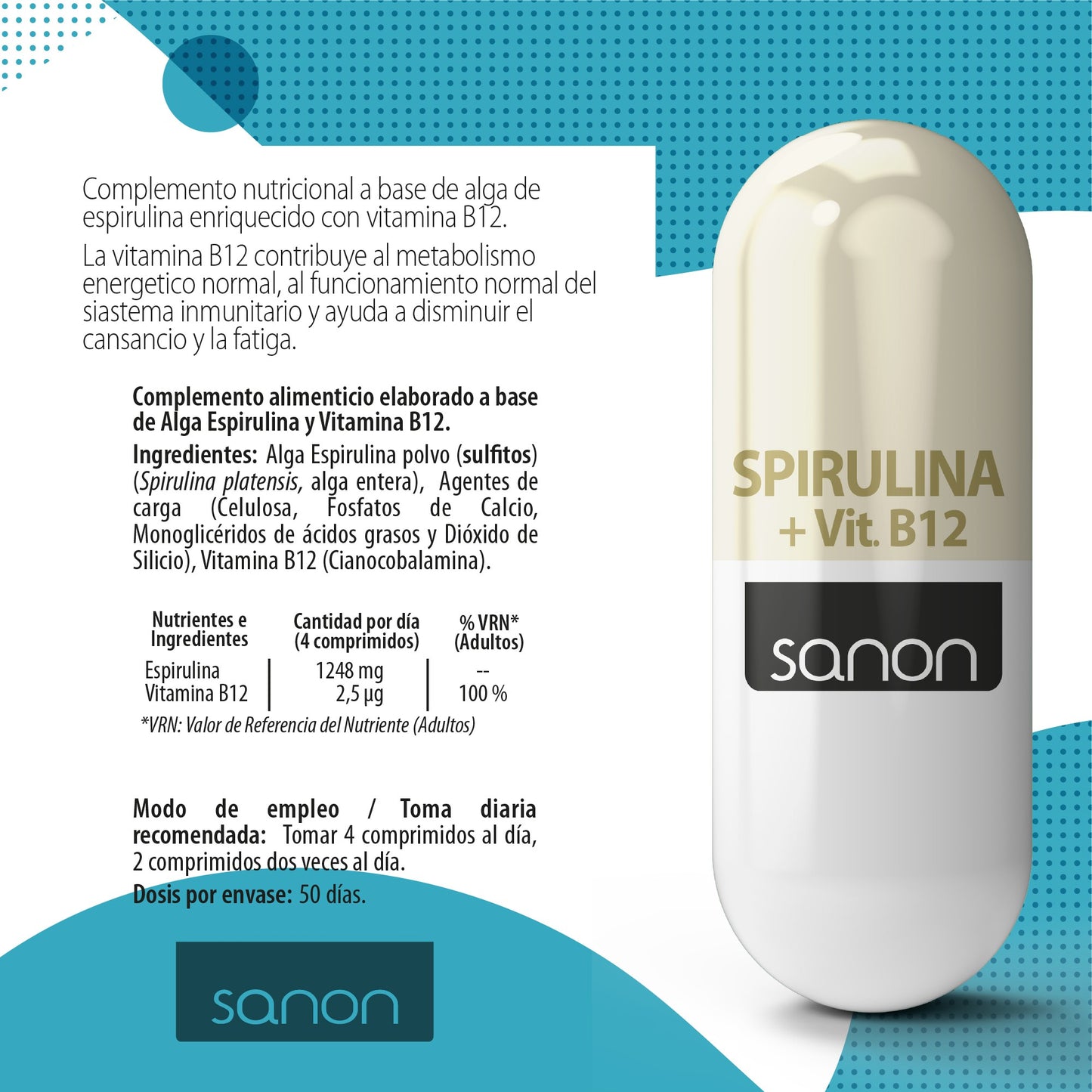 SANON Spirulina + vitamina B12 200 comprimidos-3