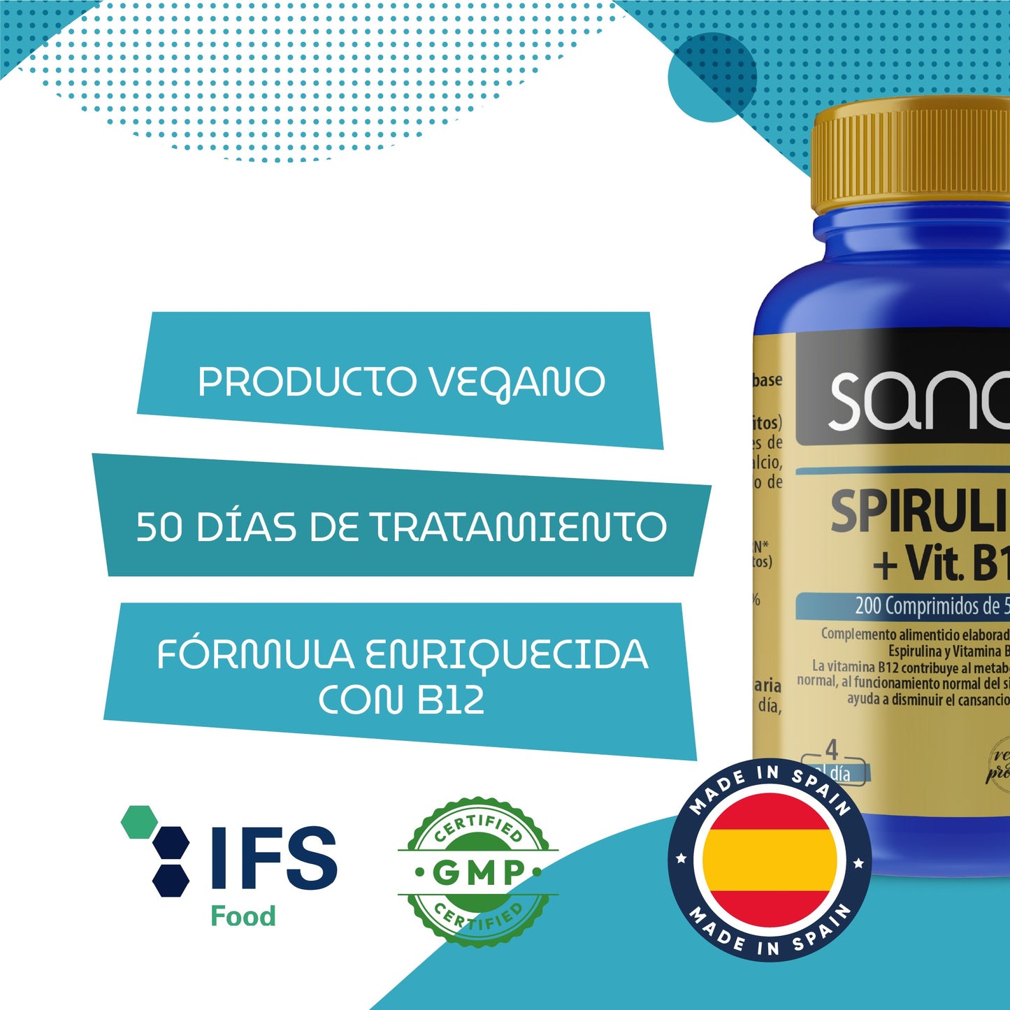SANON Spirulina + vitamina B12 200 comprimidos-4