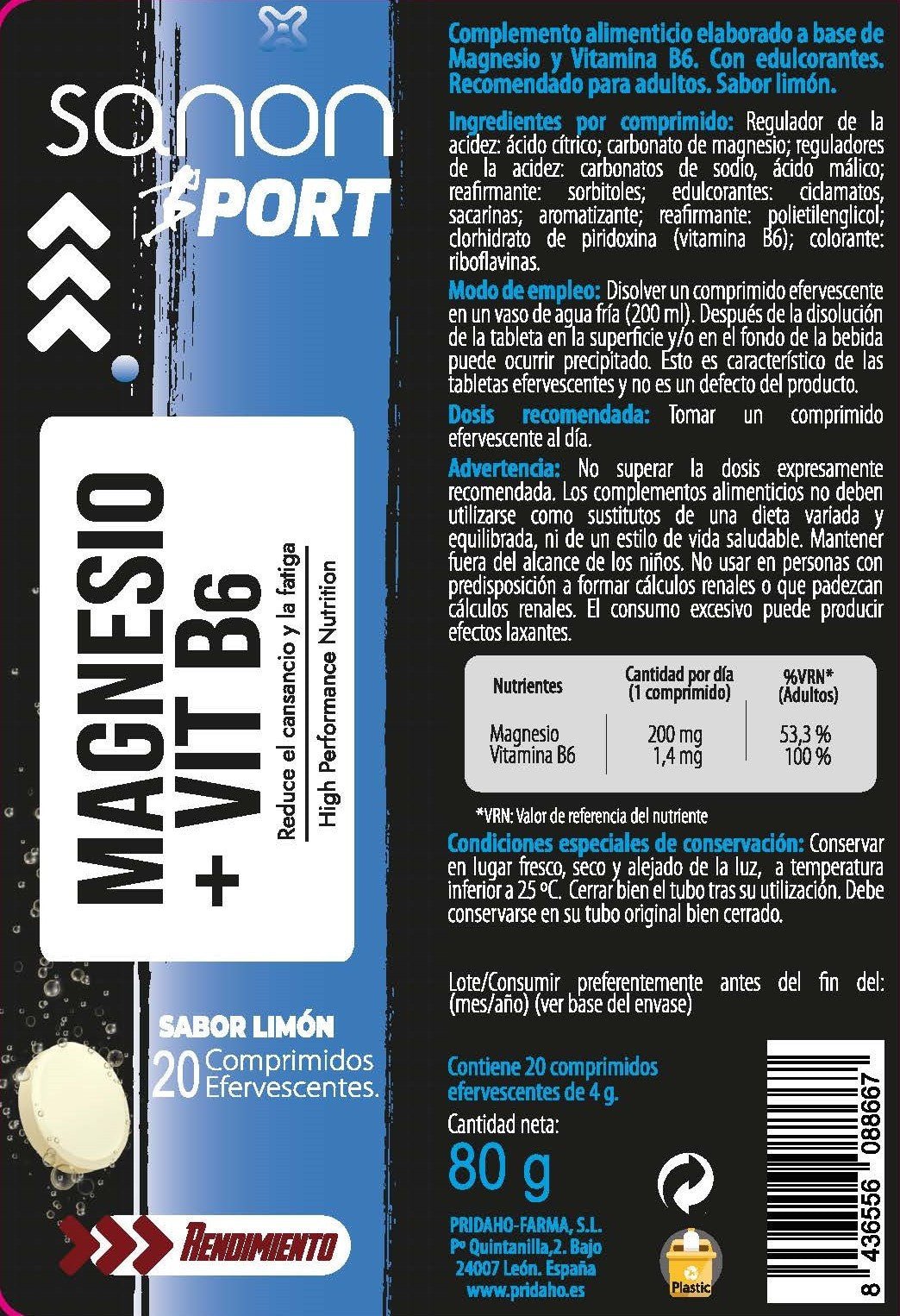 SANON SPORT Magnesio + vitamina B6 20 comprimidos efervescentes sabor limón-3