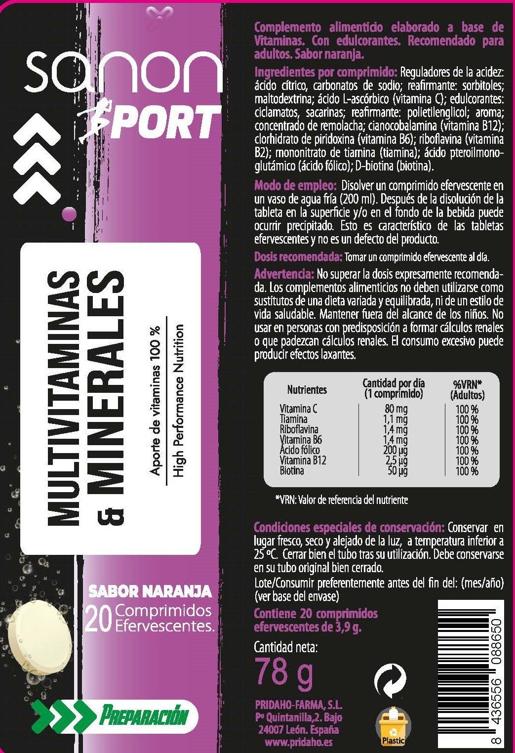 SANON SPORT Multivitaminas y minerales 20 comprimidos efervescentes sabor naranja-3