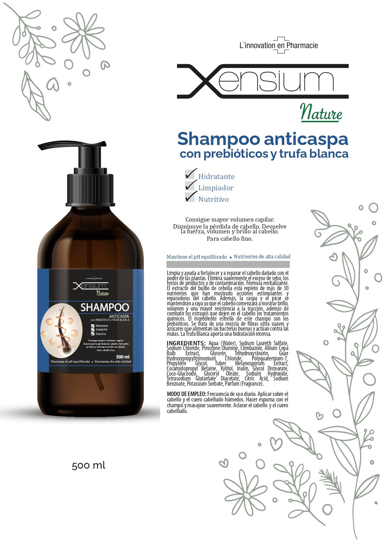 XENSIUM Nature Shampoo anticaspa con Prebióticos y Trufa blanca 500 ml-3