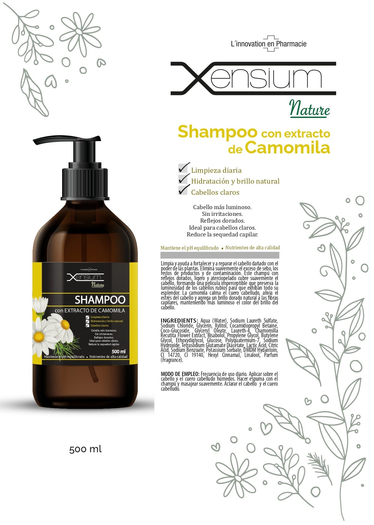 XENSIUM Nature Shampoo con extracto de Camomila 500 ml-3