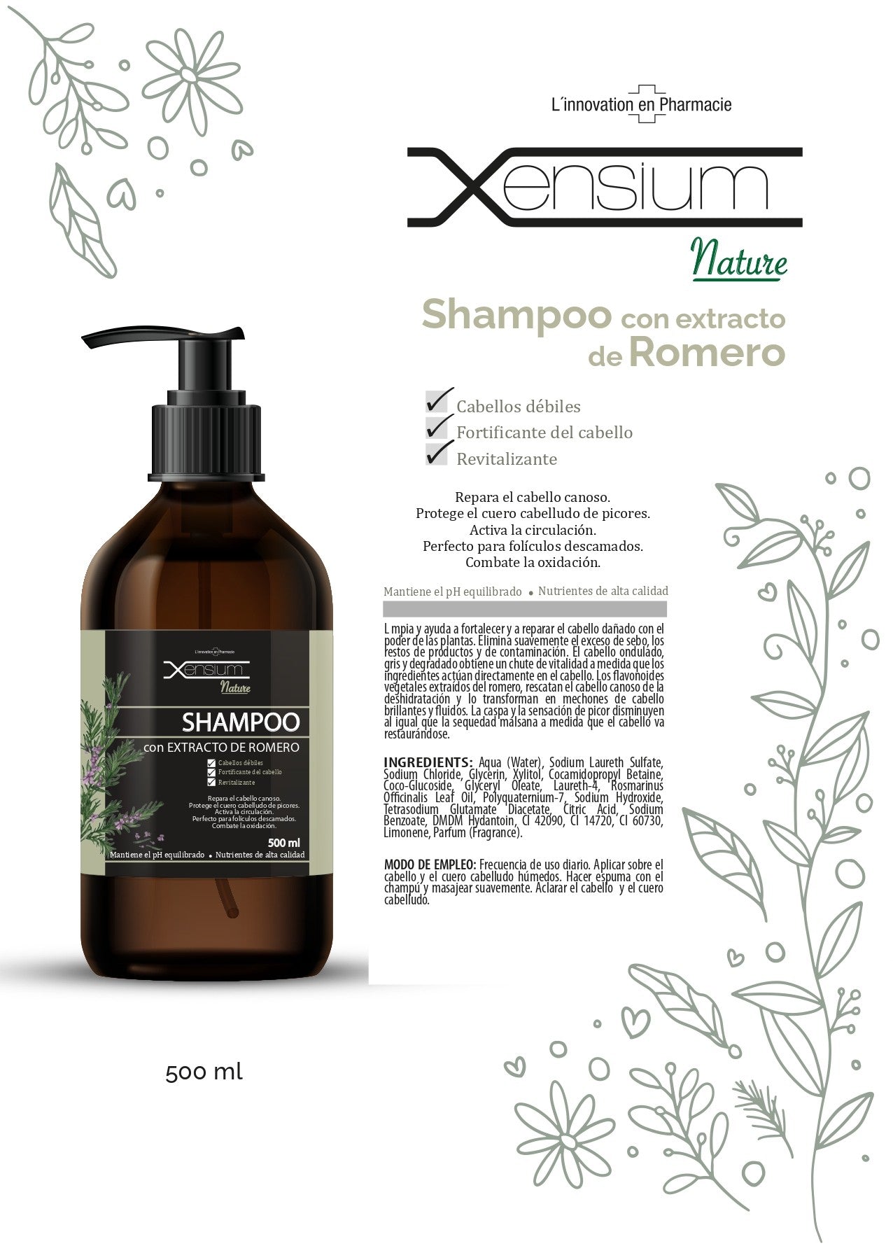 XENSIUM Nature Shampoo con extracto de Romero 500 ml-3