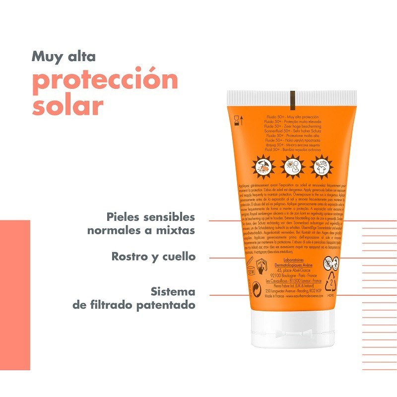 AVÈNE Protector Solar Fluido Piel Sensible Normal a Mixta SPF50+ DUPLO 2x50ml-3