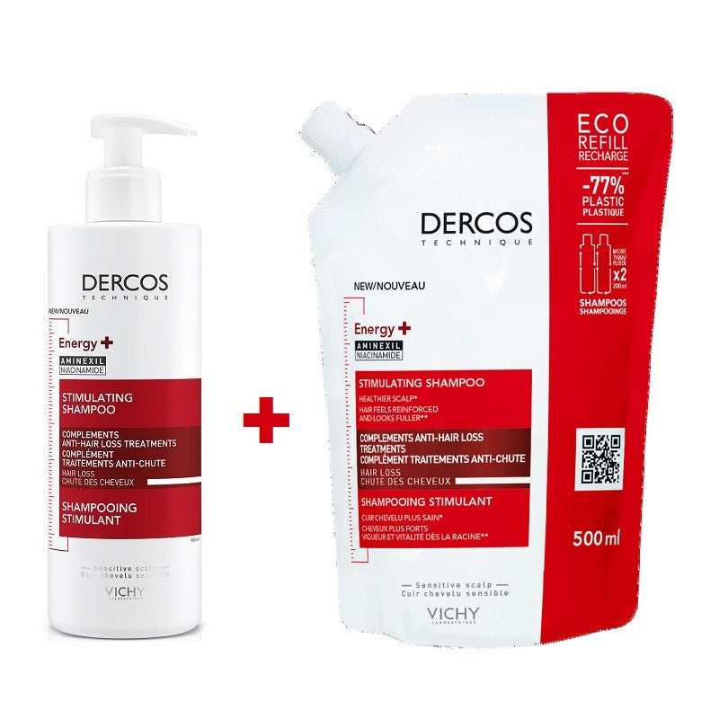 VICHY Dercos Champú Anticaída 400ml + Recarga Champú Estimulante 500ml-1