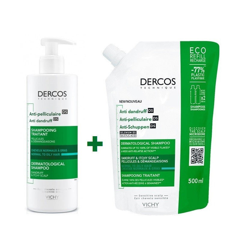 VICHY Dercos Champú Anticaspa Cabello Normal-Graso 390ml + Eco Recarga 500ml-1