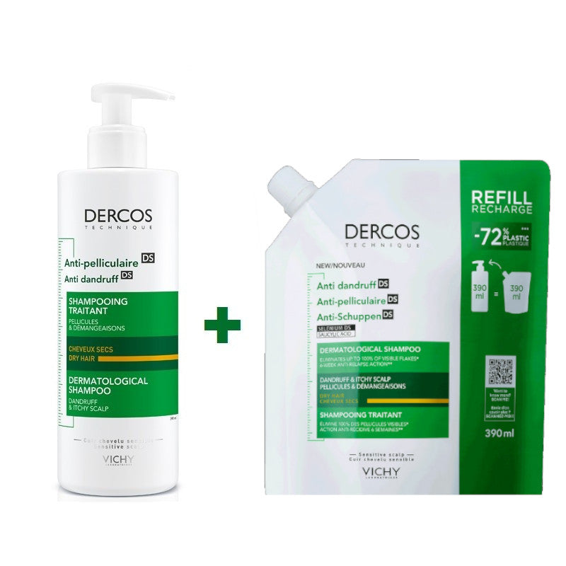 VICHY Dercos Champú Anticaspa Cabello Seco 390ml + Eco Recarga 390ml