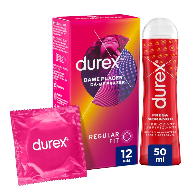 DUREX Pack Preservativo Dame Placer 12 Condones + Lubricante Fresa 50 ml-1