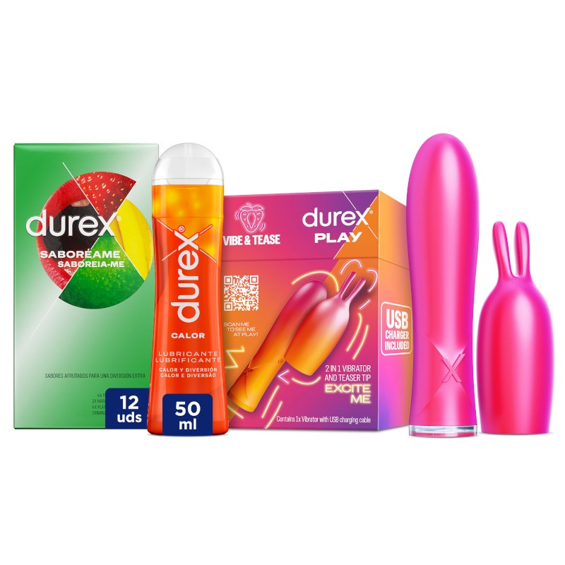 DUREX Pack Conejito Vibrador 2 en 1 + Lubricante Efecto Calor 50ml + Preservativos Saboreame 12 unidades-1