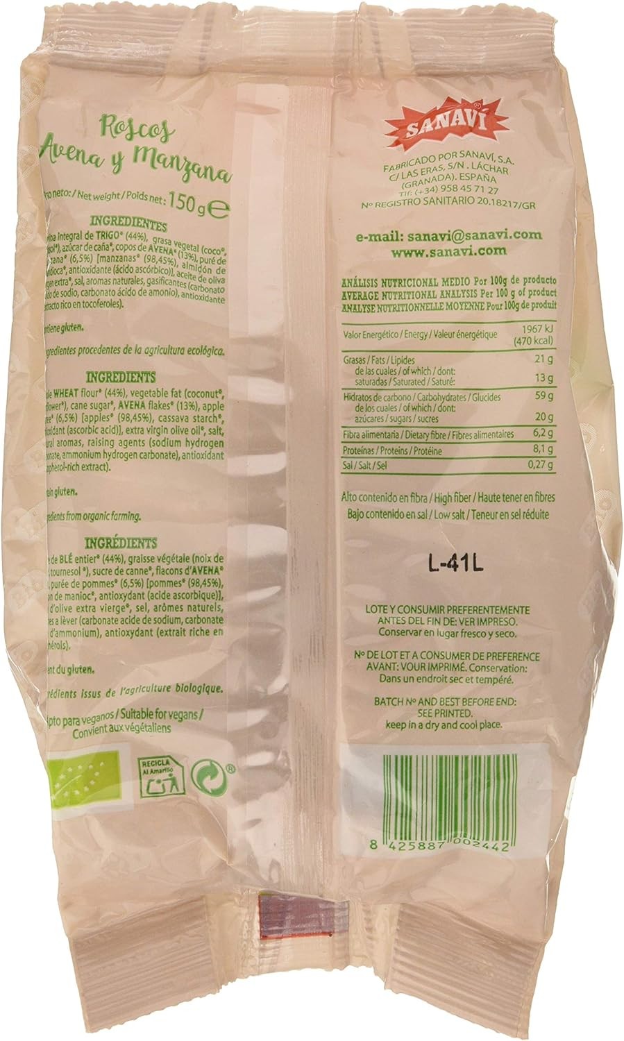 Sanavi Roscos Avena Manzana Bio 150 g-2