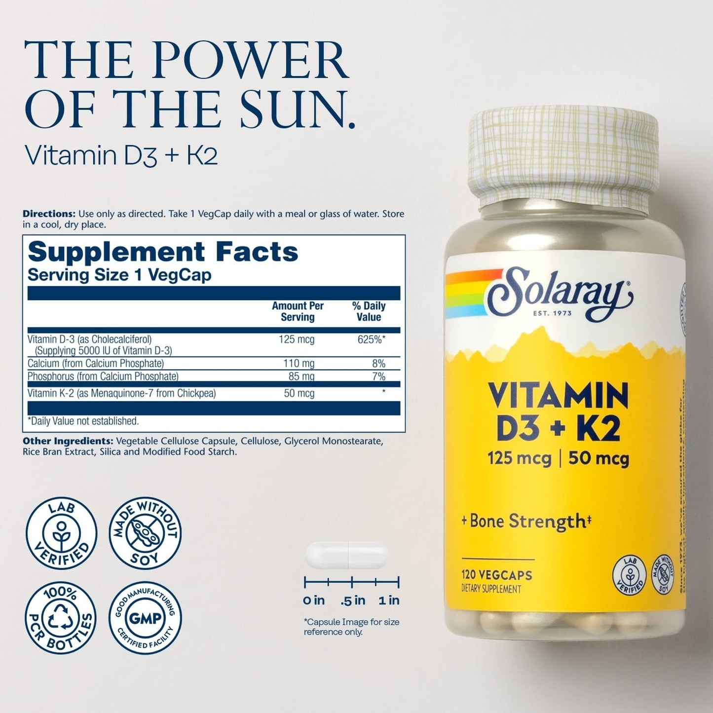 Solaray Vitamina D3 + K2 120 Cápsulas-2