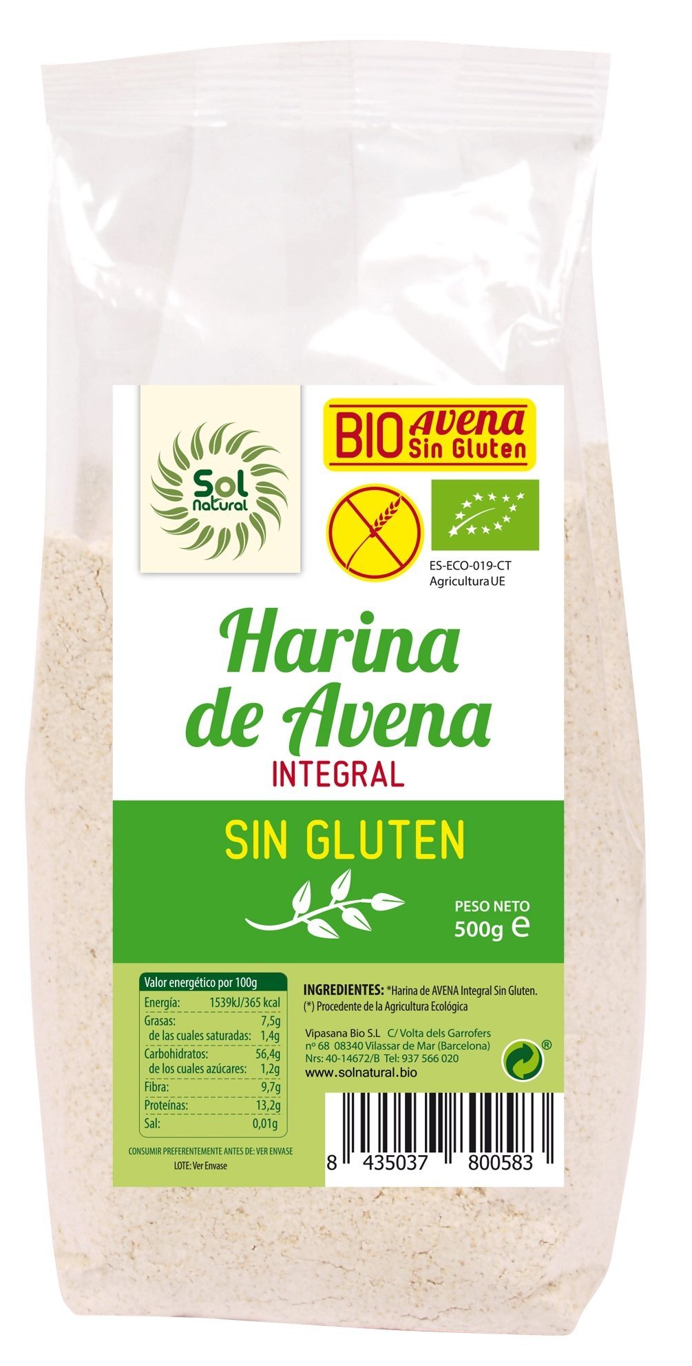 Solnatural Harina Avena Sin Gluten Bio 500 g-1