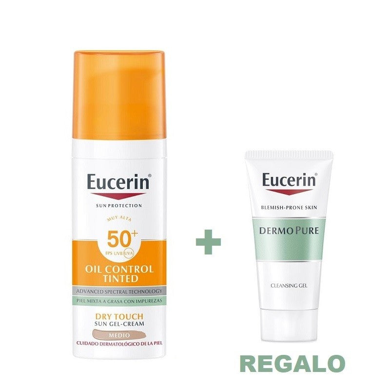 EUCERIN Oil Control SPF50+ con Color Medio Toque Seco Gel-Crema Solar (50ml) + Dermopure Gel de Limpieza 20ml REGALO-1