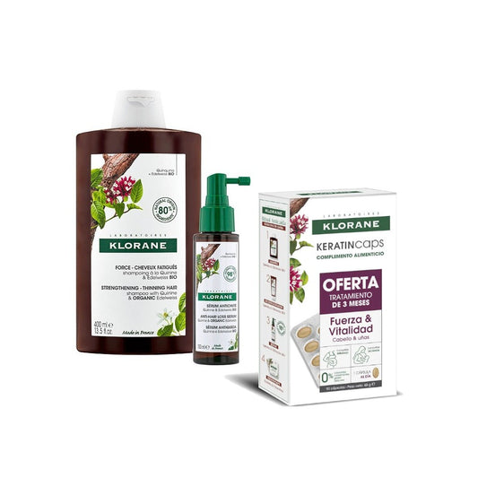 KLORANE Pack Anticaída Cabello a la Quinina Champú 400ml+ Sérum 100ml+ Keratincaps 3x30 cápsulas-1
