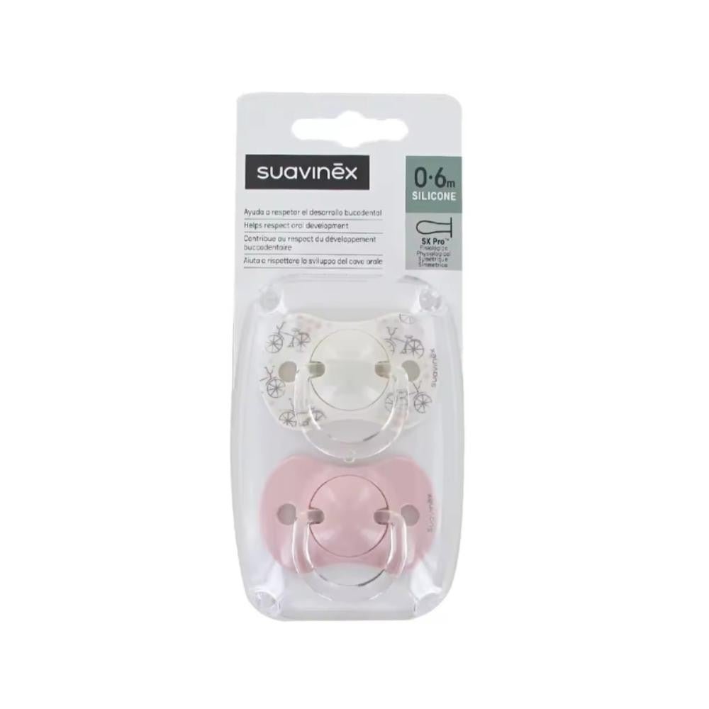 SUAVINEX Chupete SX Pro Tetina Fisiológica Silicona 0-6 Meses 2 Unidades Bicis Rosa-1