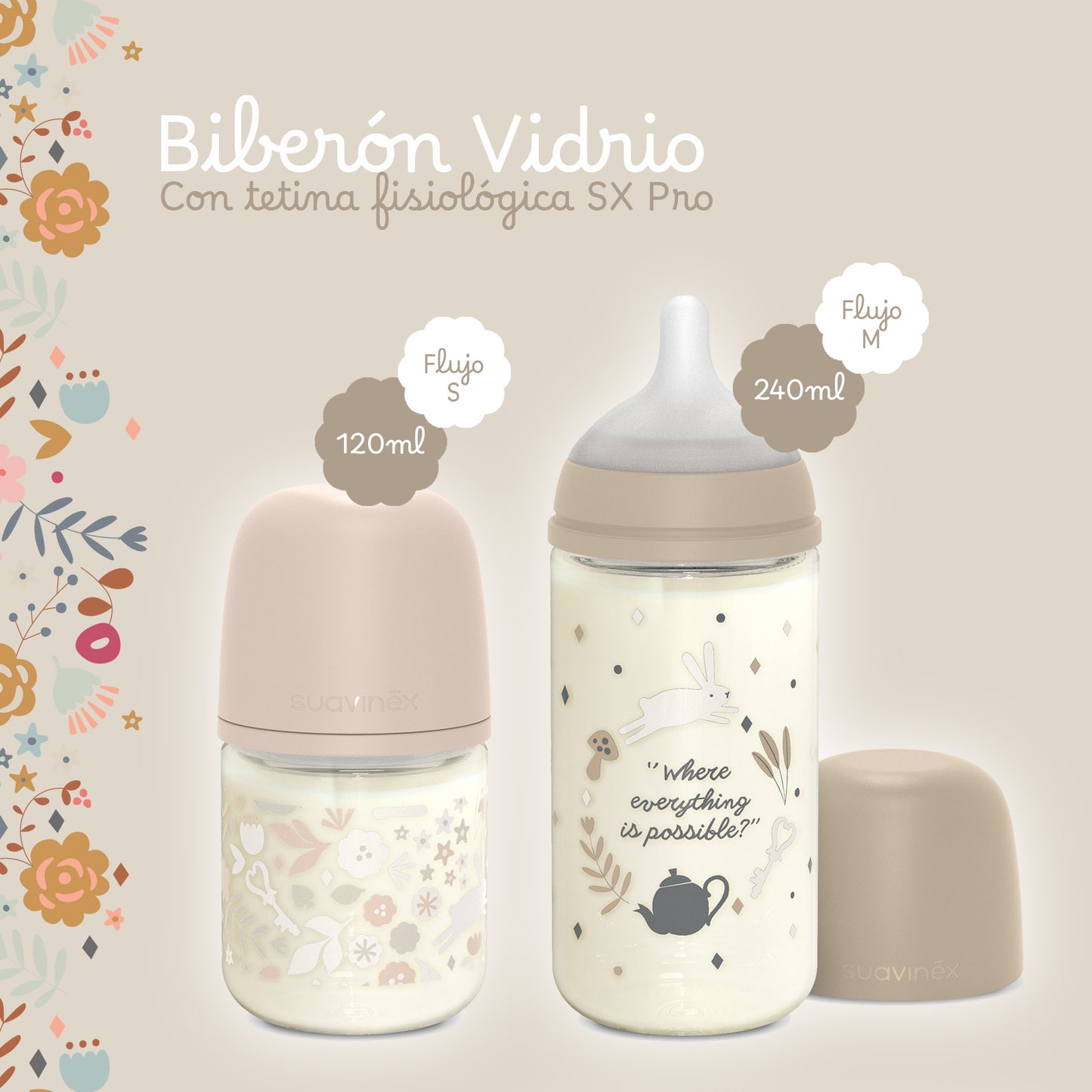 Suavinex Biberón de Vidro com Silicone S Wonderland 120ml