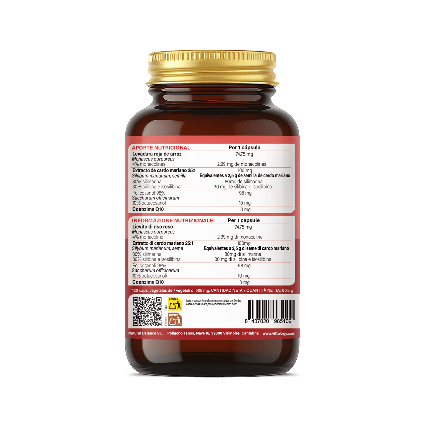 Vittalogy Levadura de Arroz Rojo Red Yeast Rice Premium 120 Cápsulas_GPSR