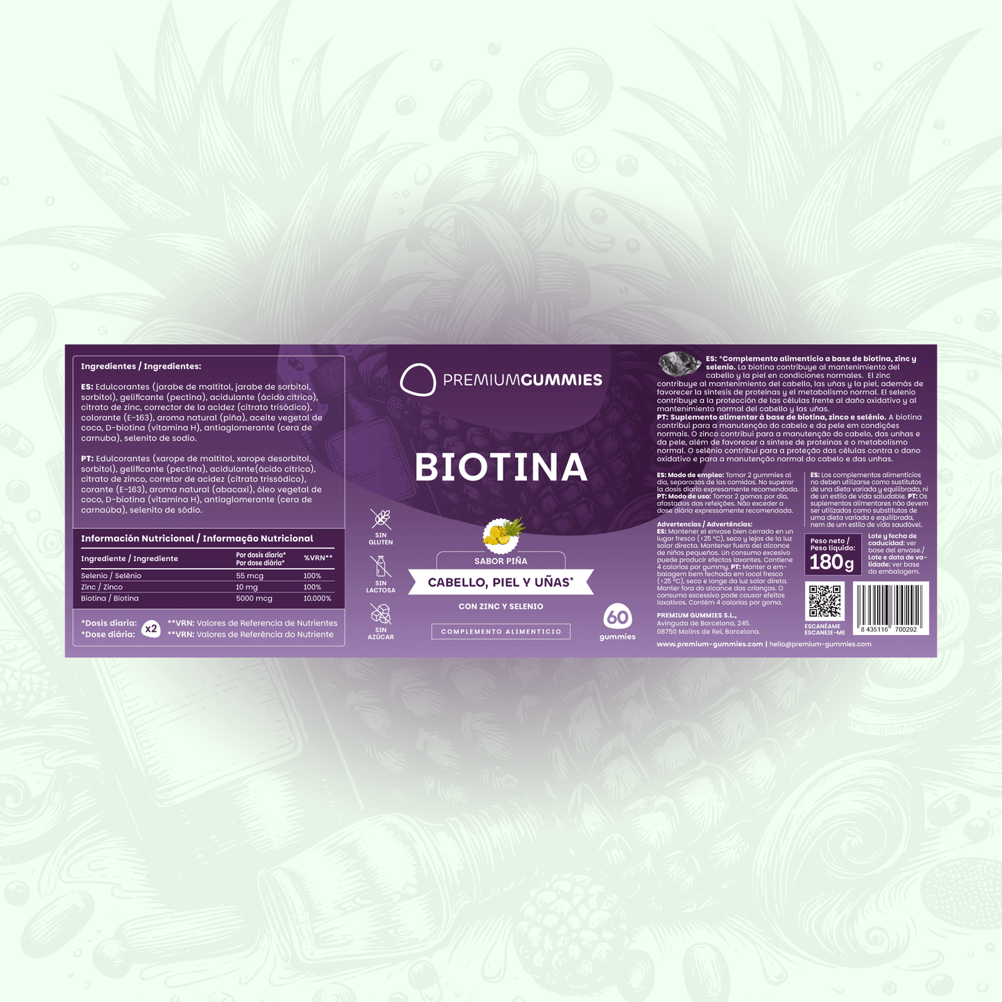 Premium Gummies Biotina Suplemento Cabelo Pele Unhas – 60 Gomas