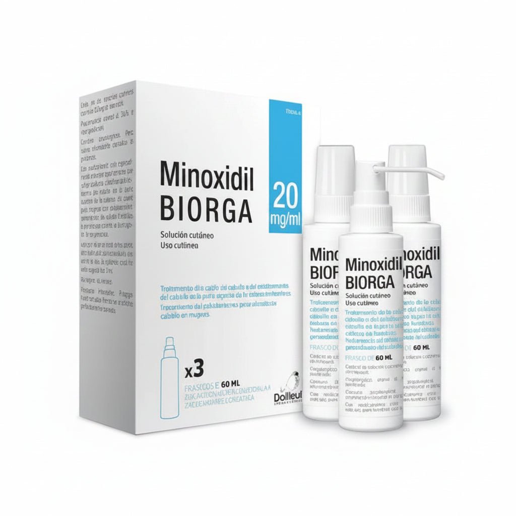 Minoxidil Biorga 20 mg/ml Solución Cutanea 1 Frasco 60 ml + 1 Accionador De Boquilla Y 1 Accionador