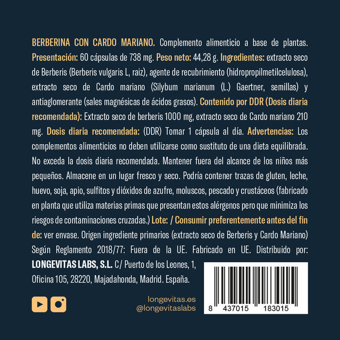 Longevitas Berbérine avec Silymarine 60 Capsules