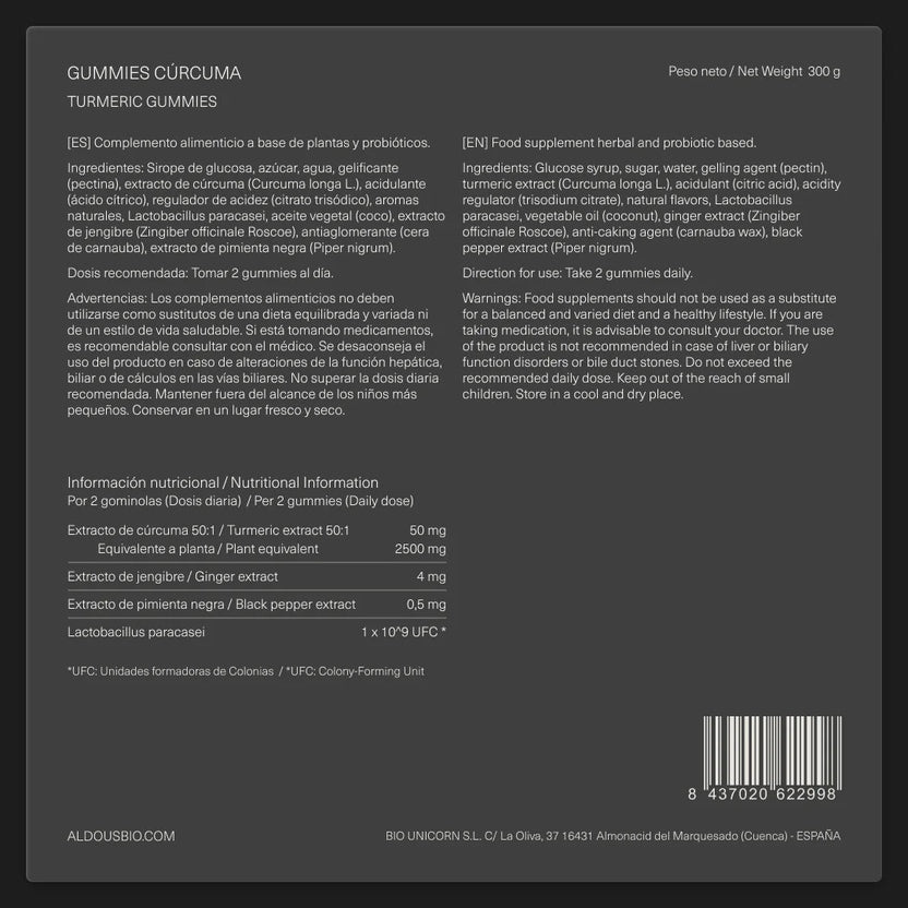 Aldous Bio Cúrcuma con Jengibre Pimienta Negra Probióticos 120 Gominolas