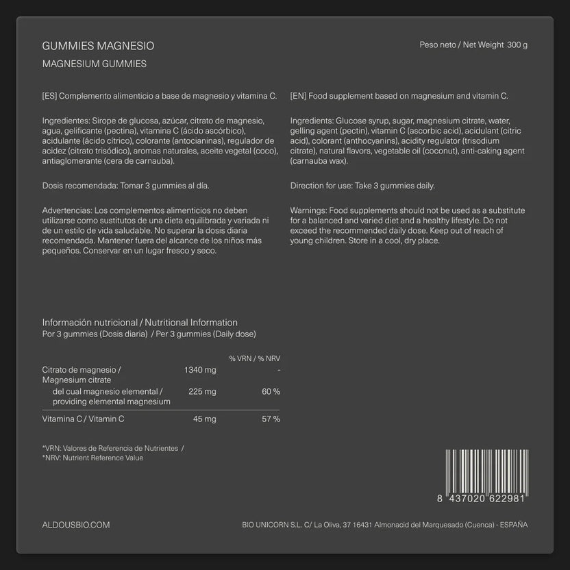 Aldous Bio Citrato de Magnesio Vitamina C 120 Gominolas