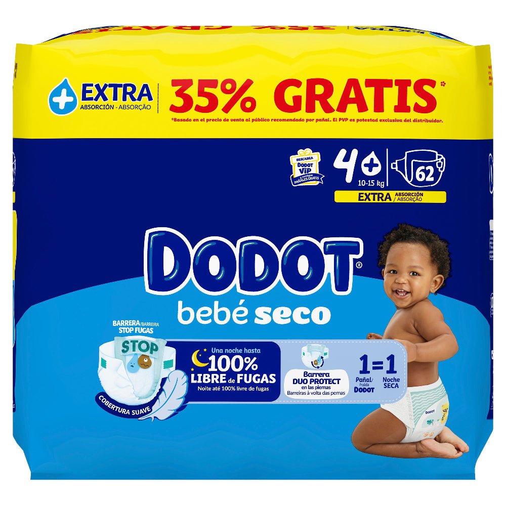 DODOT Bebé Seco Extra Jumbo Pack Talla 4+ (62 uds)