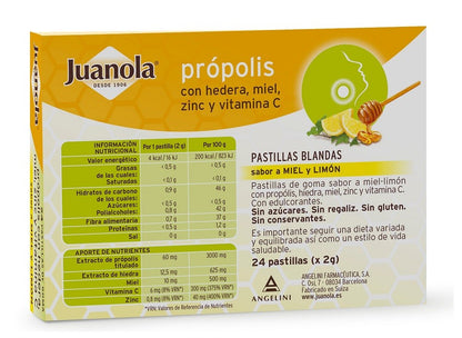 JUANOLA Propolis avec Hedera, Miel, Zinc et Vit C Arôme Miel et Citron 24 Comprimés Souples