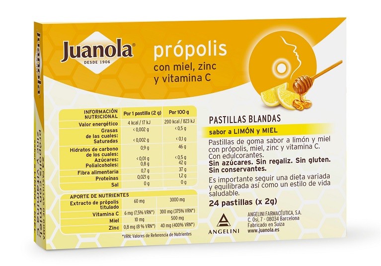 JUANOLA Própolis con Miel, Zinc y Vit C sabor Limón y Miel 24 Pastillas Blandas-3