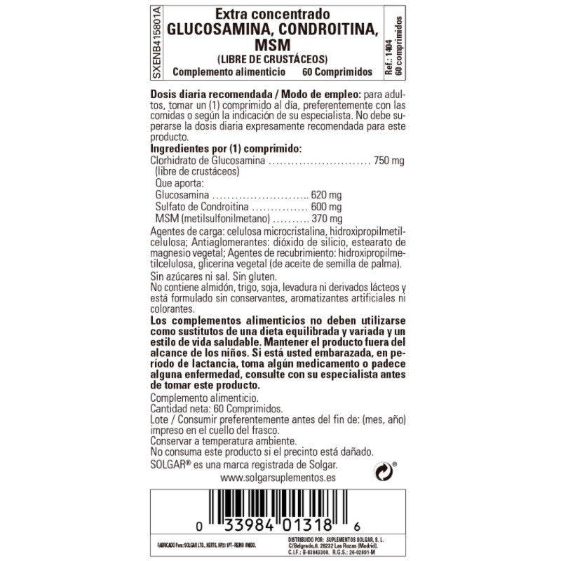SOLGAR Glucosamine Chondroïtine MSM Concentré 60 Comprimés
