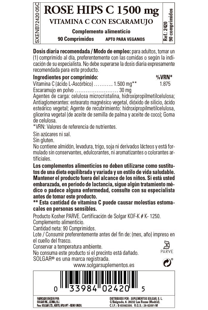 SOLGAR Vitamina C con Rose Hips (Escaramujo) 1500mg (90 Comprimidos)-3