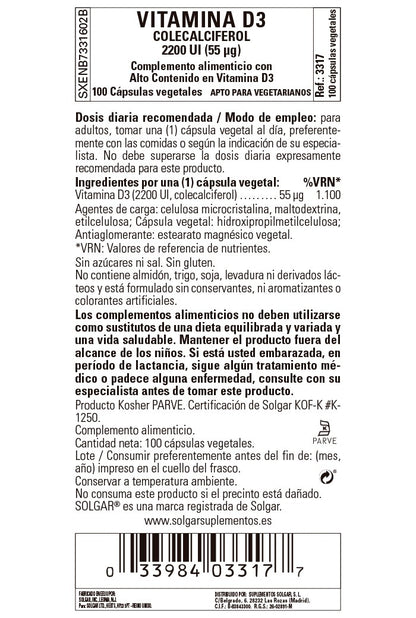 SOLGAR Vitamina D3 2200Ui (55 Mcg) (Colecalciferol) 100 Cápsulas Vegetales-3