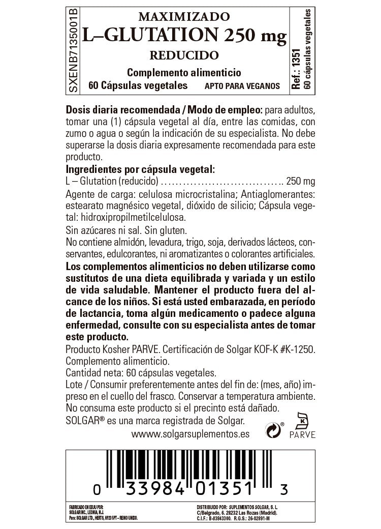 SOLGAR L-Glutathione Maximized 250mg 60 vegetable capsules