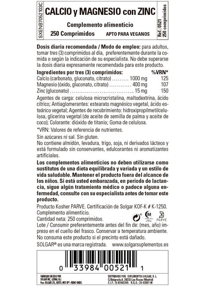 SOLGAR Calcio y Magnesio con Zinc 250 comprimidos-3