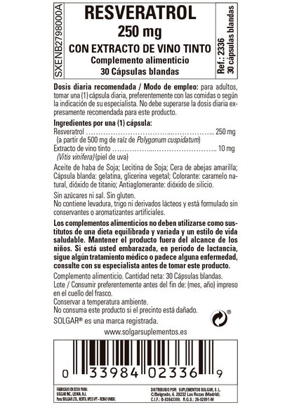 SOLGAR Resveratrol 250mg con Extracto de Vino Tinto 30 Cápsulas Blandas-3